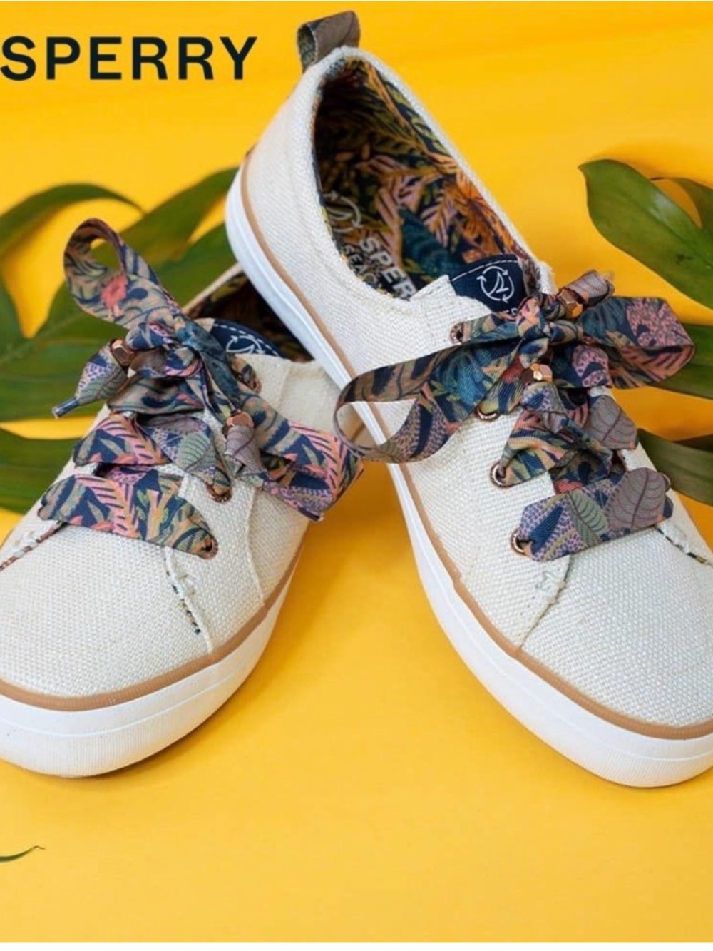 Sperry Women's Cream Canvas Sneakers with Floral Ribbon Laces